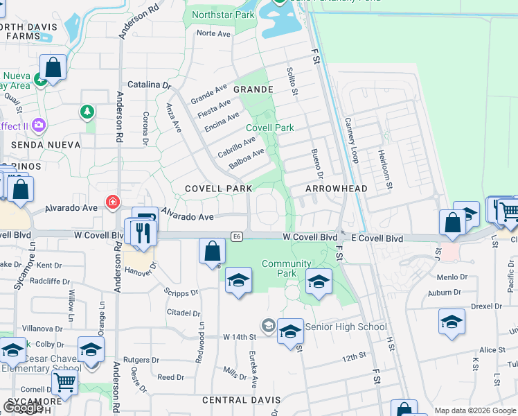 map of restaurants, bars, coffee shops, grocery stores, and more near 501 Alvarado Avenue in Davis