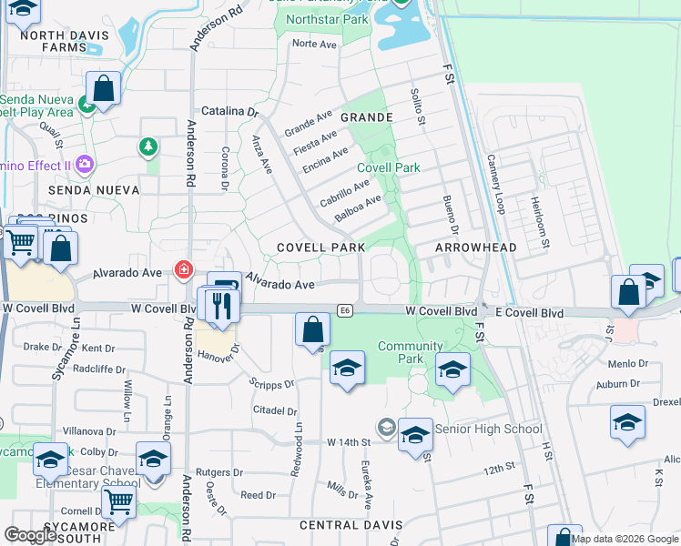 map of restaurants, bars, coffee shops, grocery stores, and more near 525 Alvarado Avenue in Davis