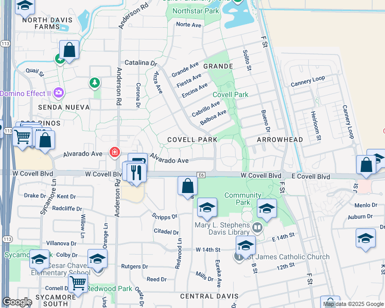 map of restaurants, bars, coffee shops, grocery stores, and more near 525 Alvarado Avenue in Davis