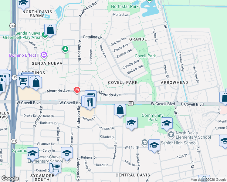 map of restaurants, bars, coffee shops, grocery stores, and more near 2107 Del Rey Court in Davis