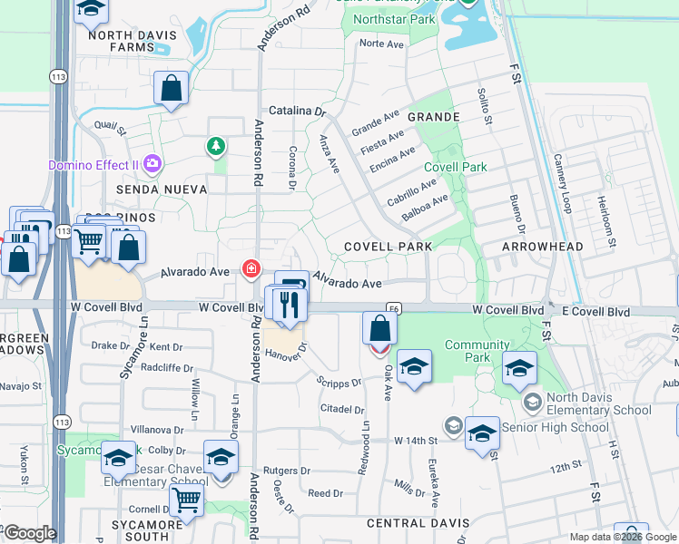 map of restaurants, bars, coffee shops, grocery stores, and more near in Davis