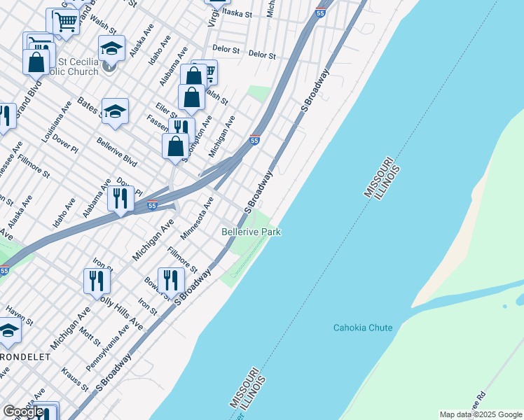 map of restaurants, bars, coffee shops, grocery stores, and more near 5527 South Broadway in St. Louis