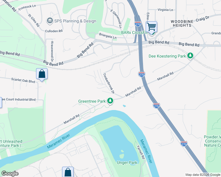 map of restaurants, bars, coffee shops, grocery stores, and more near 1430 Timberbrook Drive in Kirkwood