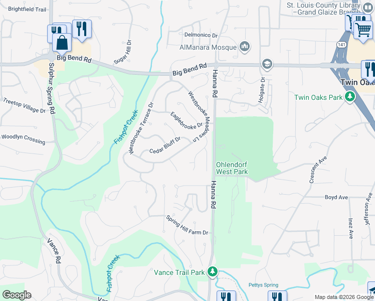 map of restaurants, bars, coffee shops, grocery stores, and more near 1437 Kentbrooke Drive in Ballwin