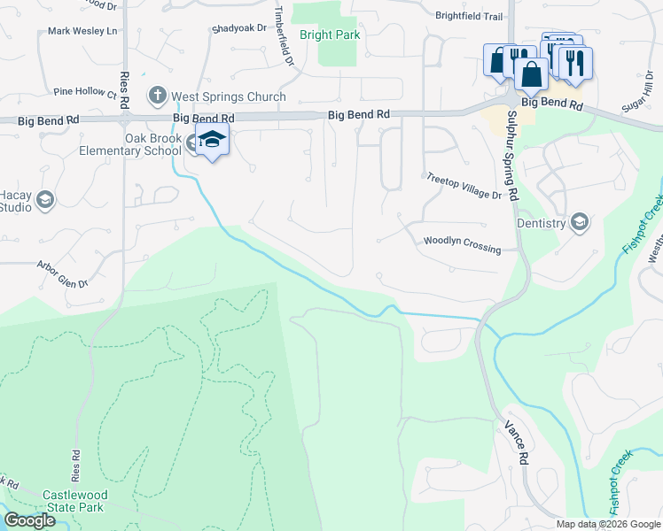 map of restaurants, bars, coffee shops, grocery stores, and more near 1365 Red Oak Plantation Drive in Ballwin