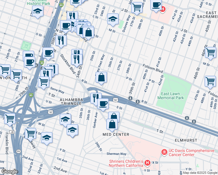 map of restaurants, bars, coffee shops, grocery stores, and more near 3675 R Street in Sacramento