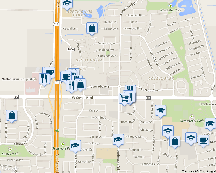 map of restaurants, bars, coffee shops, grocery stores, and more near in Davis