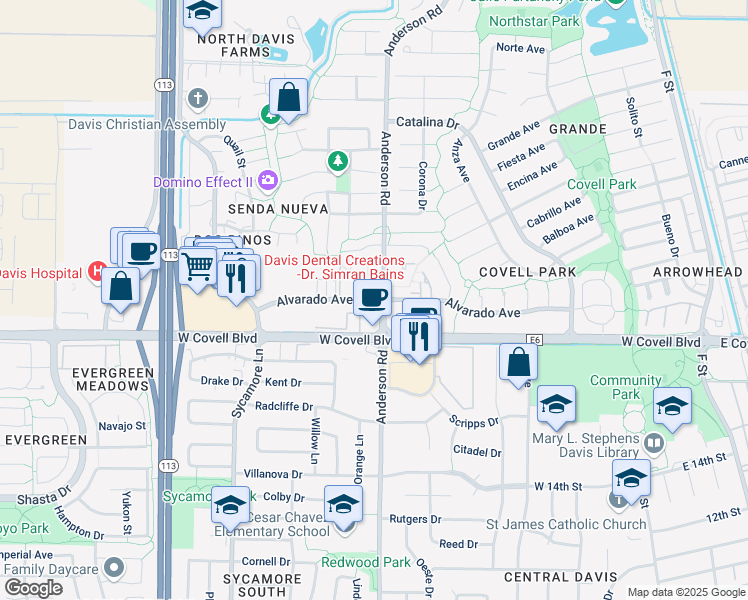 map of restaurants, bars, coffee shops, grocery stores, and more near 701 Alvarado Avenue in Davis
