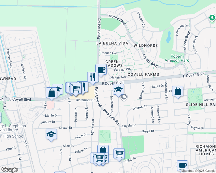 map of restaurants, bars, coffee shops, grocery stores, and more near 1722 Denison Drive in Davis