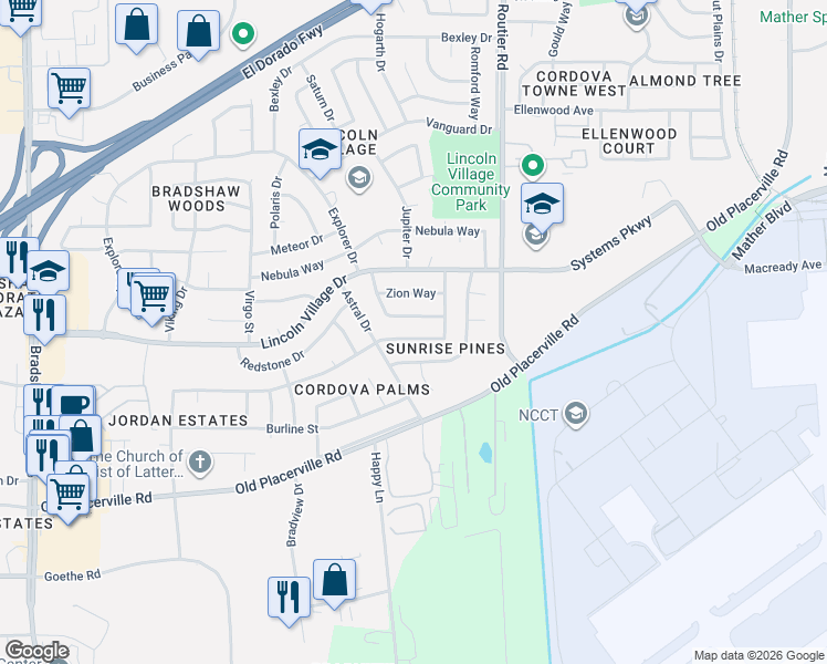 map of restaurants, bars, coffee shops, grocery stores, and more near 3574 Scorpio Dr in Sacramento