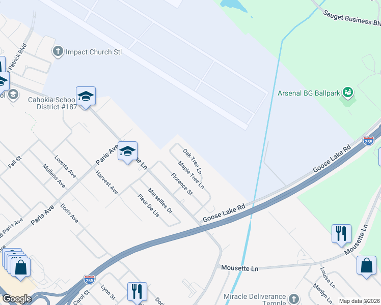 map of restaurants, bars, coffee shops, grocery stores, and more near 2003 Oak Tree Lane in Cahokia