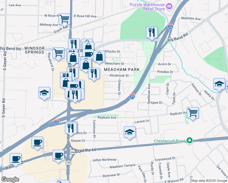 map of restaurants, bars, coffee shops, grocery stores, and more near 329 Chicago Street in Kirkwood