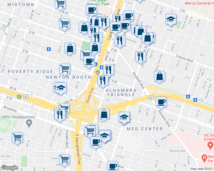 map of restaurants, bars, coffee shops, grocery stores, and more near Alhambra Blvd & Serra Way in Sacramento