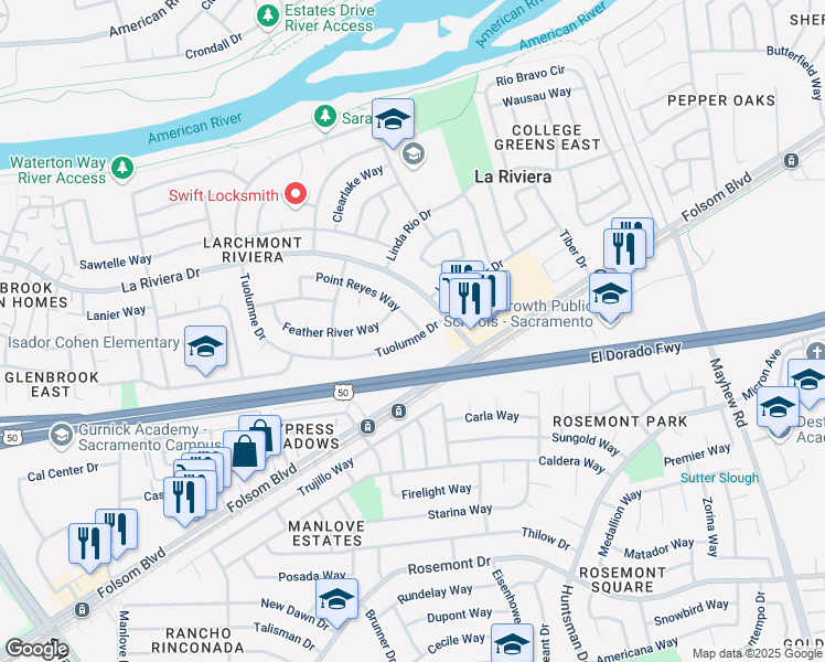 map of restaurants, bars, coffee shops, grocery stores, and more near 2768 Point Reyes Way in Sacramento