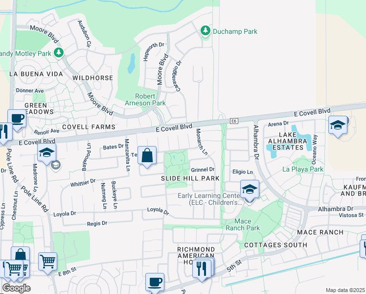 map of restaurants, bars, coffee shops, grocery stores, and more near 1702 Myrtle Place in Davis