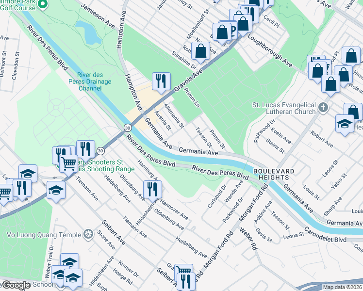 map of restaurants, bars, coffee shops, grocery stores, and more near 7250 Maeze Court in St. Louis