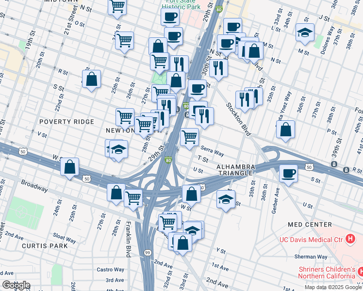 map of restaurants, bars, coffee shops, grocery stores, and more near 3005 T Street in Sacramento