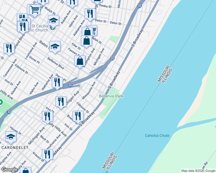 map of restaurants, bars, coffee shops, grocery stores, and more near 5527 South Broadway in St. Louis