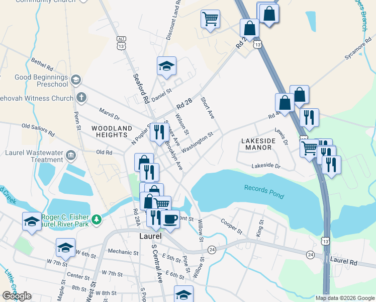 map of restaurants, bars, coffee shops, grocery stores, and more near 106 Washington Street in Laurel