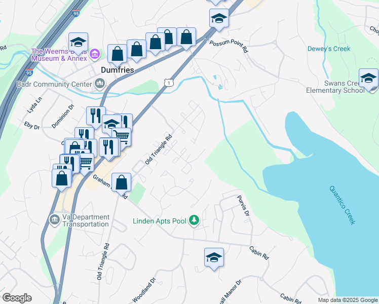 map of restaurants, bars, coffee shops, grocery stores, and more near 2117 Fort Donelson Court in Dumfries