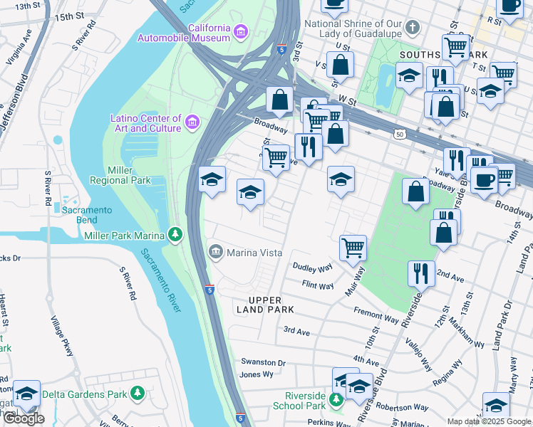 map of restaurants, bars, coffee shops, grocery stores, and more near 403 Lug Lane in Sacramento