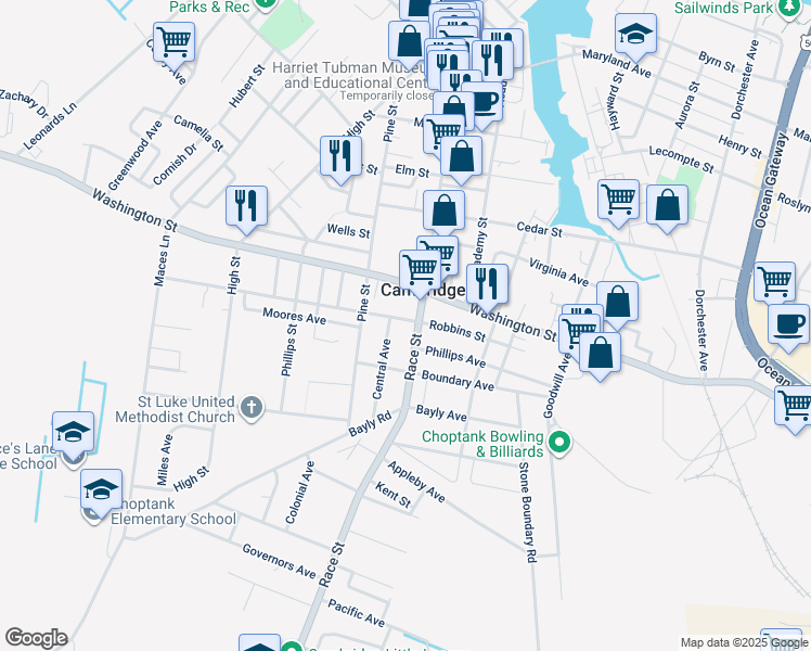 map of restaurants, bars, coffee shops, grocery stores, and more near 905 Race Street in Cambridge
