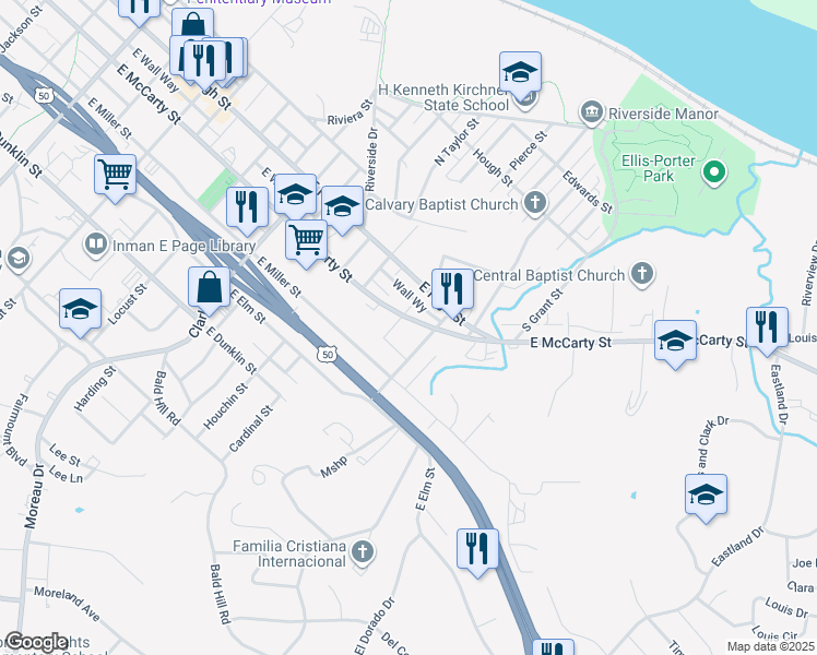 map of restaurants, bars, coffee shops, grocery stores, and more near 1404 East McCarty Street in Jefferson City