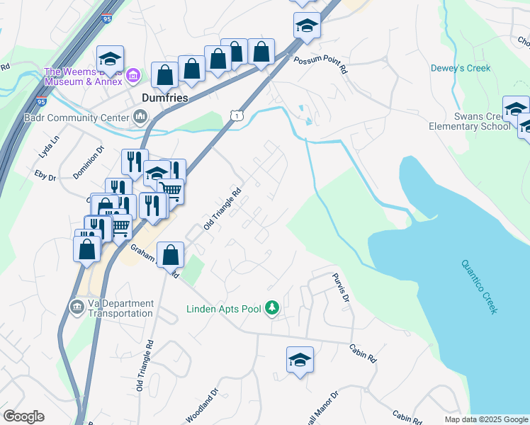 map of restaurants, bars, coffee shops, grocery stores, and more near 2117 Fort Donelson Court in Dumfries