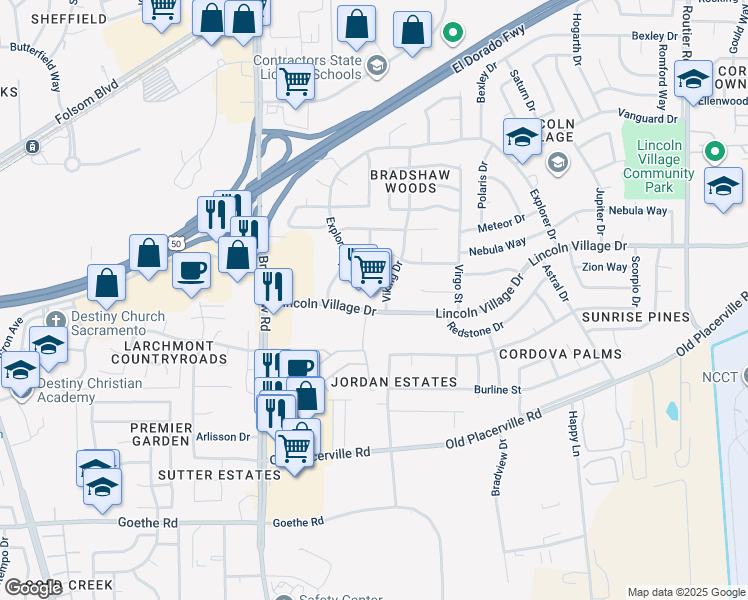 map of restaurants, bars, coffee shops, grocery stores, and more near 9791 Lincoln Village Drive in Sacramento