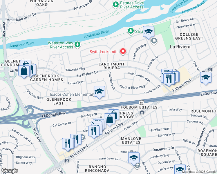map of restaurants, bars, coffee shops, grocery stores, and more near 2600 Warrego Way in Sacramento
