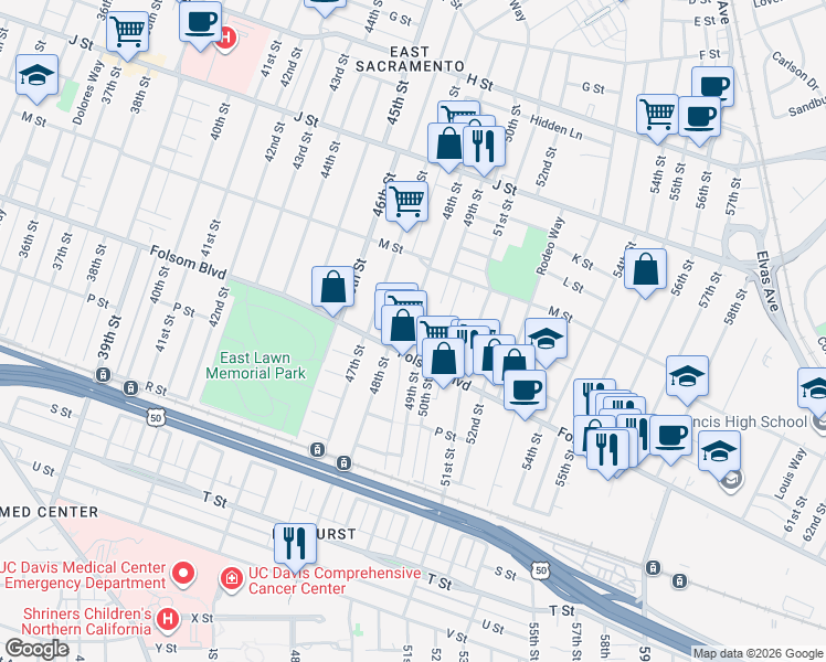 map of restaurants, bars, coffee shops, grocery stores, and more near 1470 48th Street in Sacramento