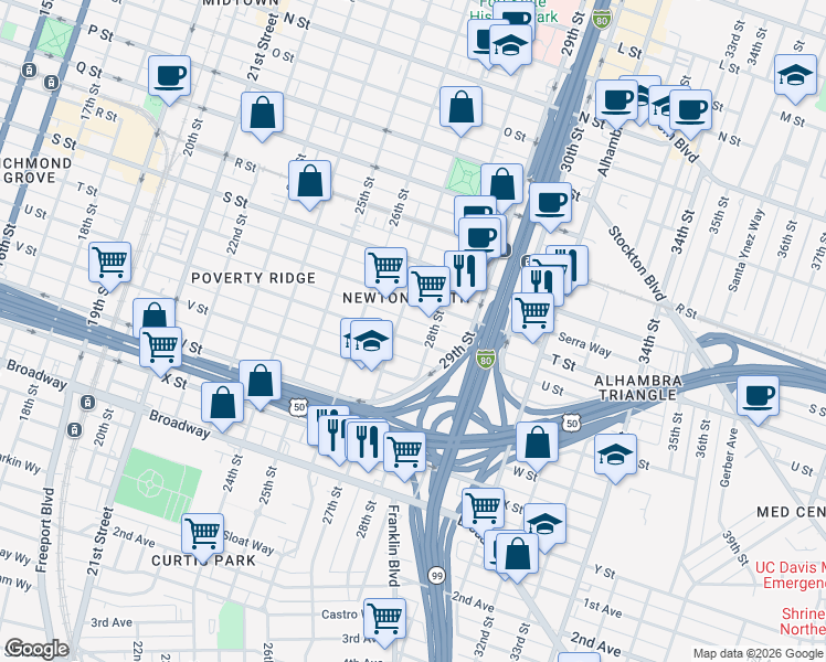map of restaurants, bars, coffee shops, grocery stores, and more near 2026 28th Street in Sacramento