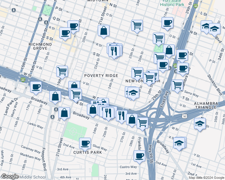 map of restaurants, bars, coffee shops, grocery stores, and more near 2431 V Street in Sacramento