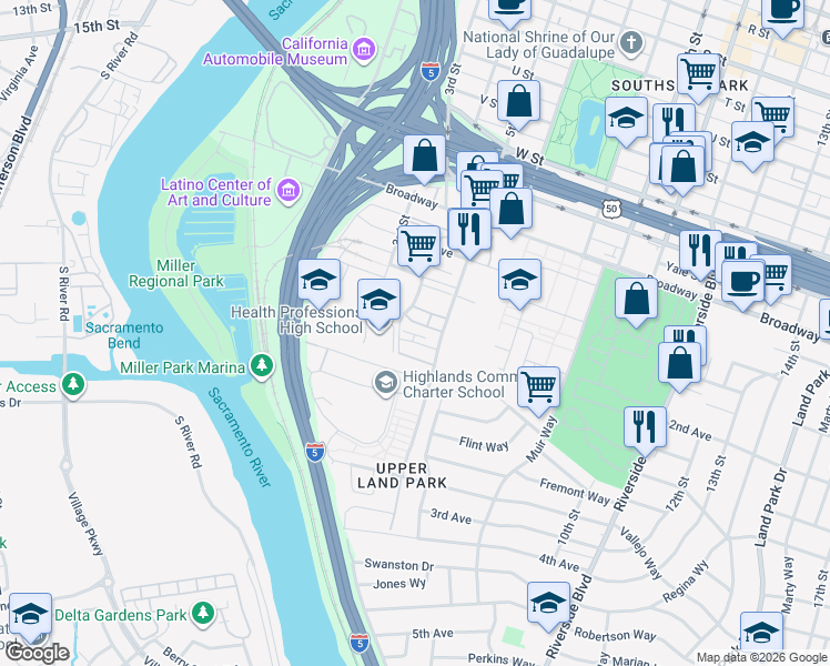 map of restaurants, bars, coffee shops, grocery stores, and more near 403 Lug Lane in Sacramento
