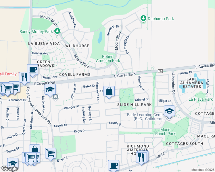 map of restaurants, bars, coffee shops, grocery stores, and more near 1703 Tea Place in Davis