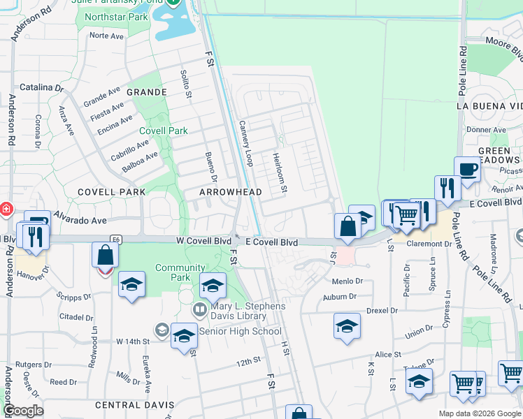map of restaurants, bars, coffee shops, grocery stores, and more near 900 Jacobsen Lane in Davis