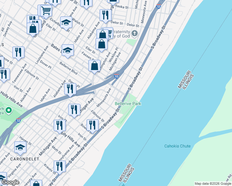 map of restaurants, bars, coffee shops, grocery stores, and more near in St. Louis