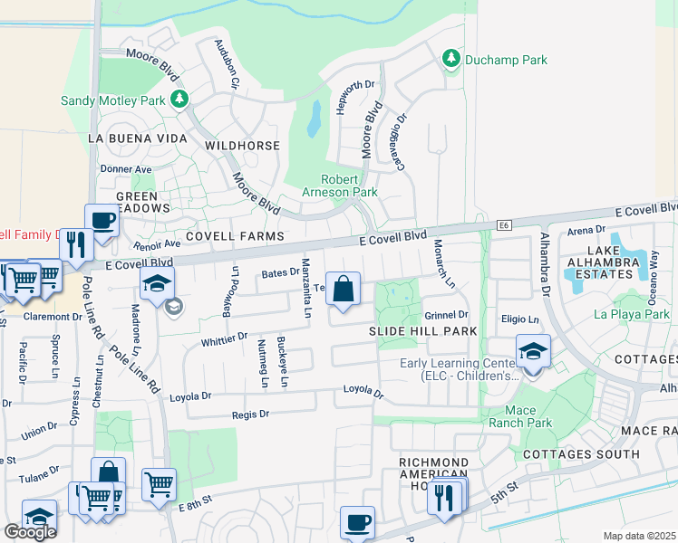 map of restaurants, bars, coffee shops, grocery stores, and more near 1715 Tea Place in Davis