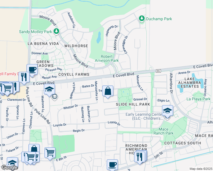 map of restaurants, bars, coffee shops, grocery stores, and more near 1715 Tea Place in Davis