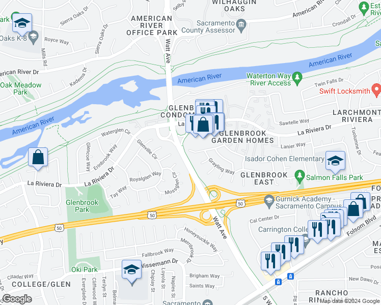 map of restaurants, bars, coffee shops, grocery stores, and more near 8701 Barracuda Way in Sacramento