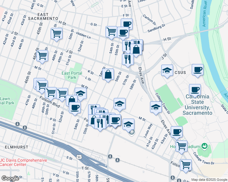 map of restaurants, bars, coffee shops, grocery stores, and more near 1147 56th Street in Sacramento