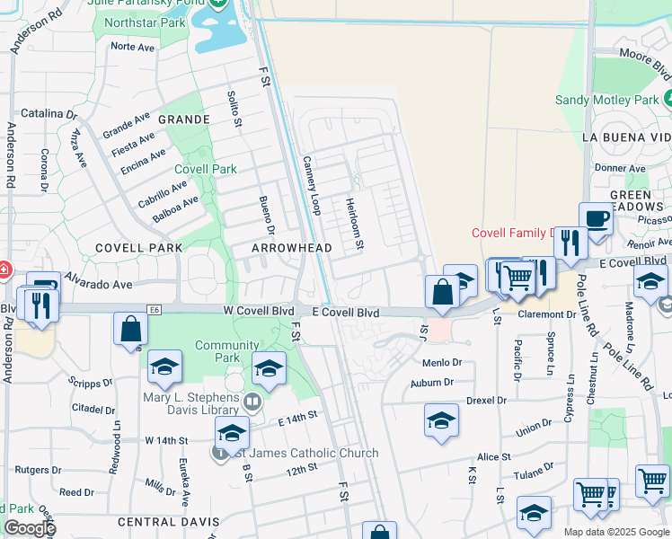 map of restaurants, bars, coffee shops, grocery stores, and more near 900 Jacobsen Lane in Davis