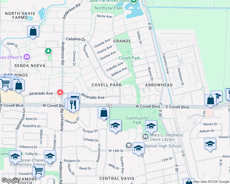 map of restaurants, bars, coffee shops, grocery stores, and more near 2112 Benicia Court in Davis