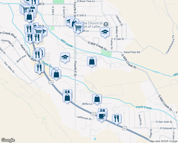 map of restaurants, bars, coffee shops, grocery stores, and more near 706 Mulberry Lane in Moab
