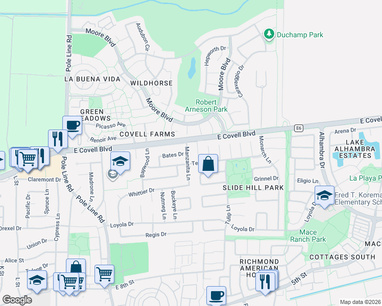 map of restaurants, bars, coffee shops, grocery stores, and more near 1706 Manzanita Lane in Davis