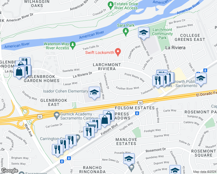 map of restaurants, bars, coffee shops, grocery stores, and more near 9031 Tuolumne Drive in Sacramento
