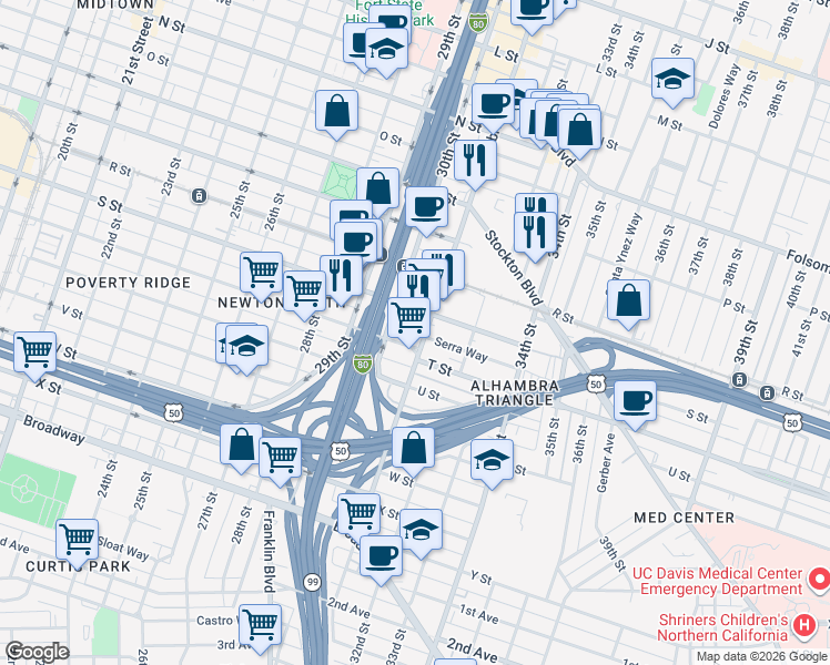 map of restaurants, bars, coffee shops, grocery stores, and more near 1930 Alhambra Boulevard in Sacramento