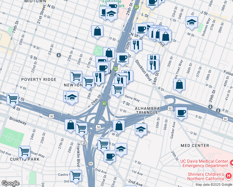 map of restaurants, bars, coffee shops, grocery stores, and more near 1930 Alhambra Boulevard in Sacramento