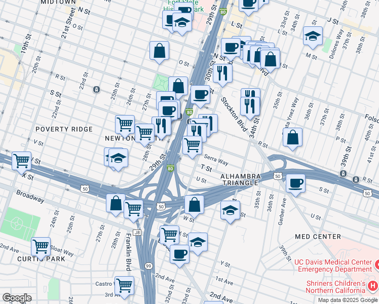 map of restaurants, bars, coffee shops, grocery stores, and more near 1930 Alhambra Boulevard in Sacramento
