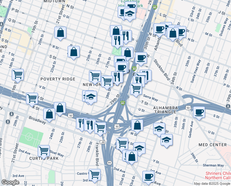 map of restaurants, bars, coffee shops, grocery stores, and more near 2020 Tomato Alley in Sacramento